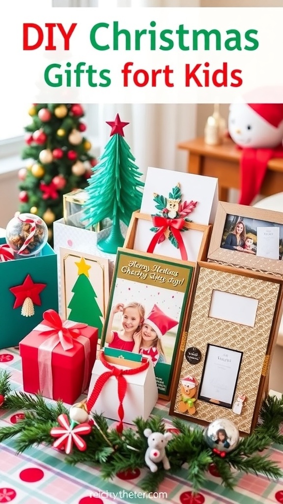 A variety of DIY Christmas gifts made by children, including ornaments, cards, and frames, on a festive table.